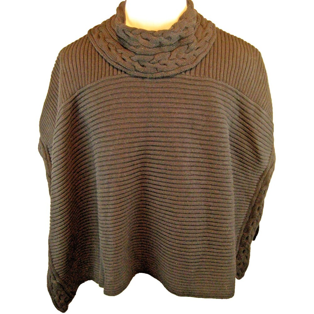 Womens Vice Versa  Black Rib/Cable Knit Turtleneck Poncho Style Sweater sz Lg